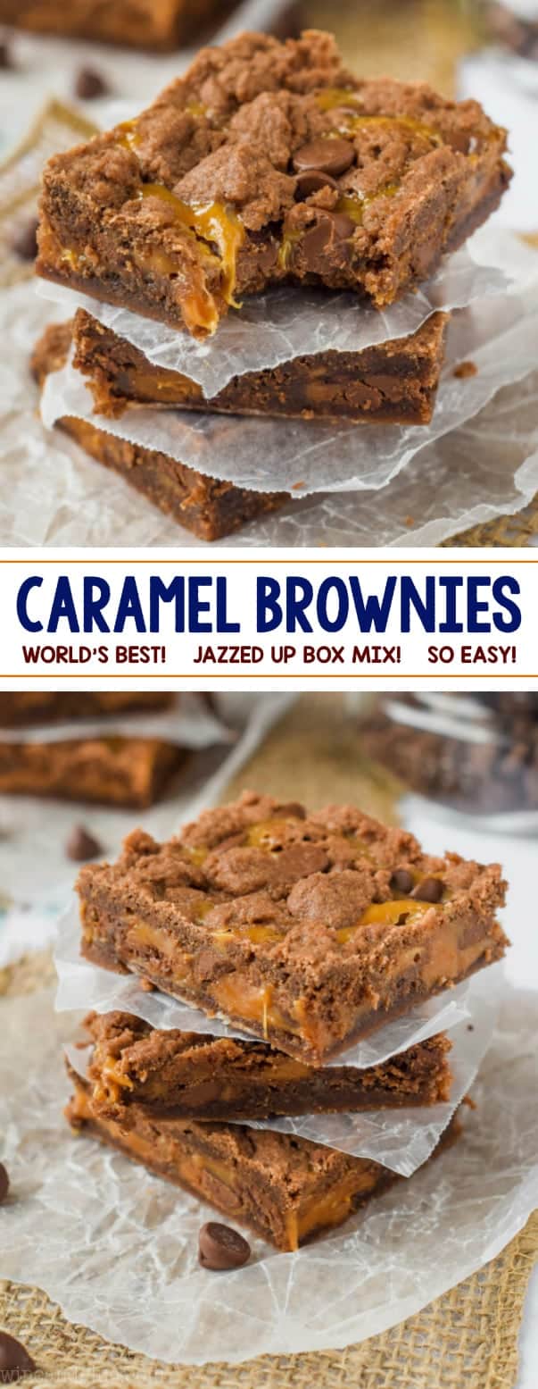 collage of photos of caramel brownies