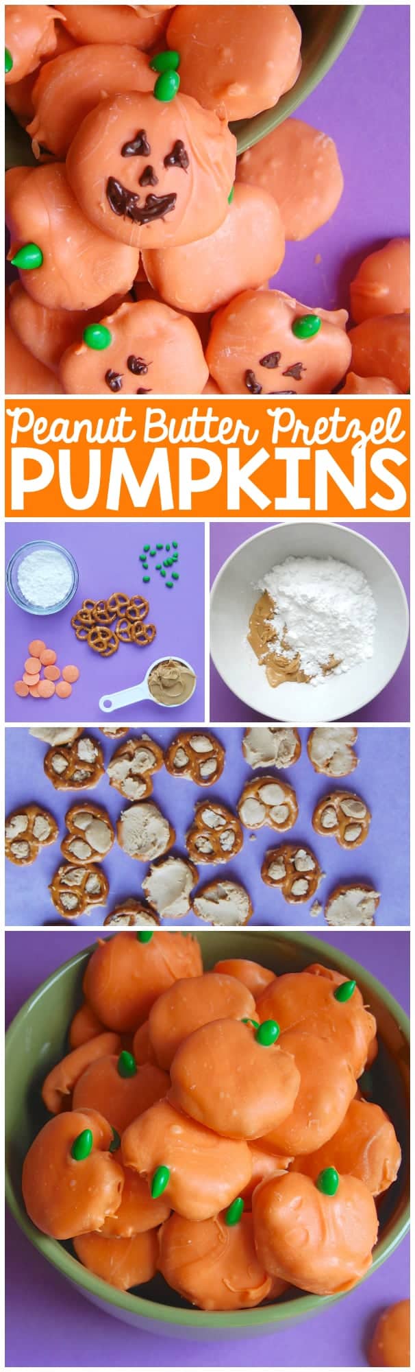 These Peanut Butter Pretzel Pumpkins are stuffed with peanut butter and dressed up as pumpkins just in time for Halloween!