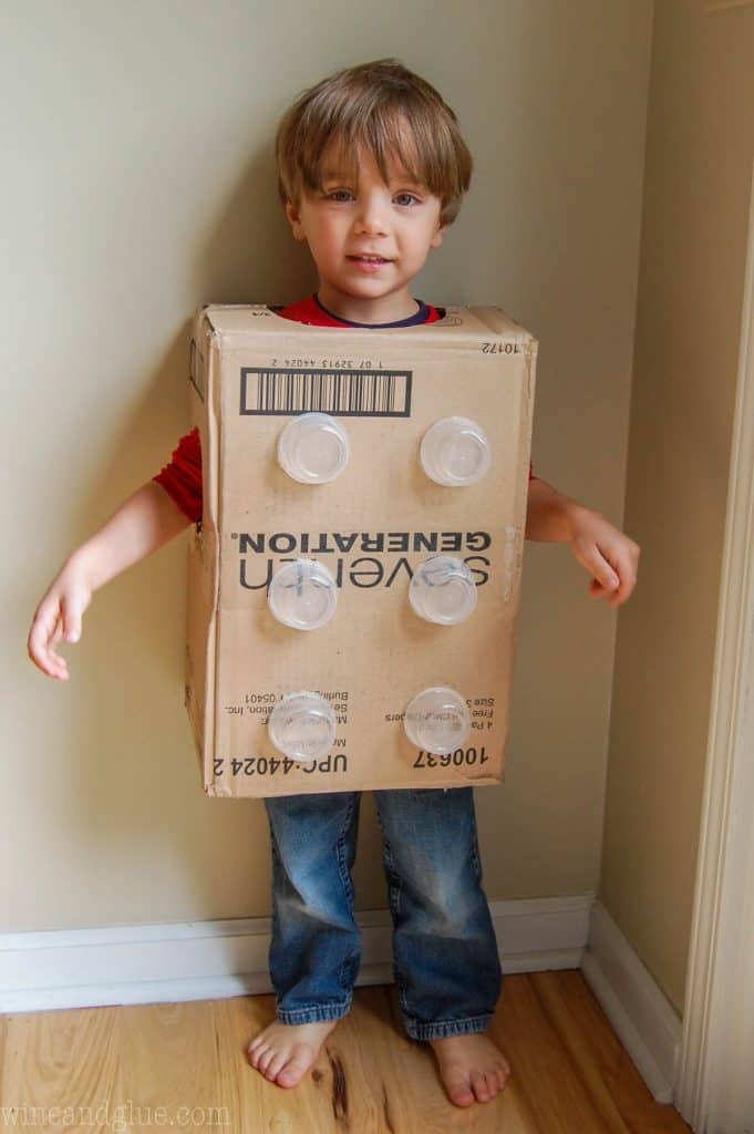 picture of a boy in a creative halloween costume idea, a lego brick
