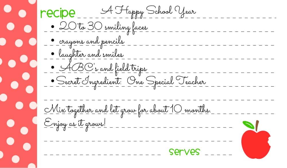 Recipe Cards for Teachers | A simple FREE printable that will show your child's teacher your appreciation for all they are setting out to teach your kiddo. via www.wineandglue.com