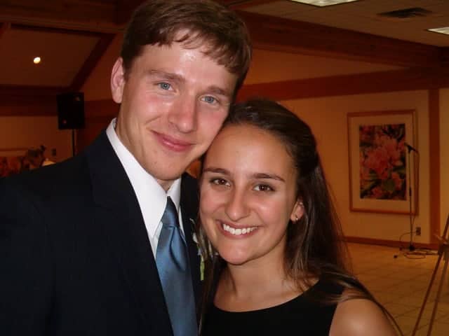Six weeks before our wedding at my brother's wedding.  Look how young we were!