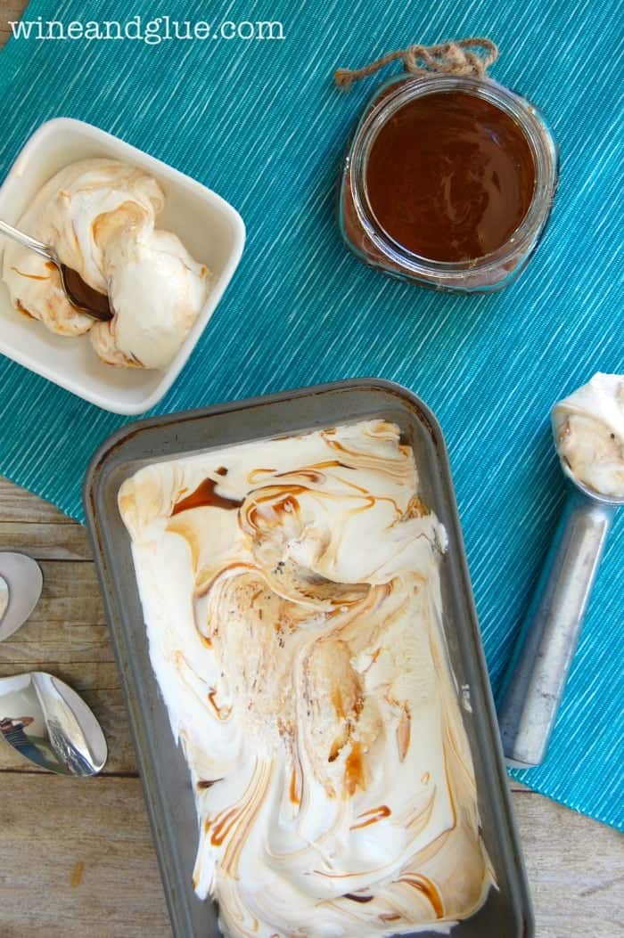 No Machine Caramel Swirl Ice Cream |  This rich, creamy, delicious ice cream only has three ingredients and doesn't need an ice cream machine! via www.wineandglue.com