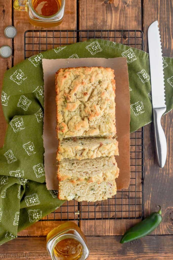 overhead view of a loaf of easy jalapeno beer bread