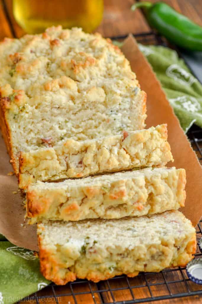 a loaf of jalapeno popper beer bread recipe sliced up