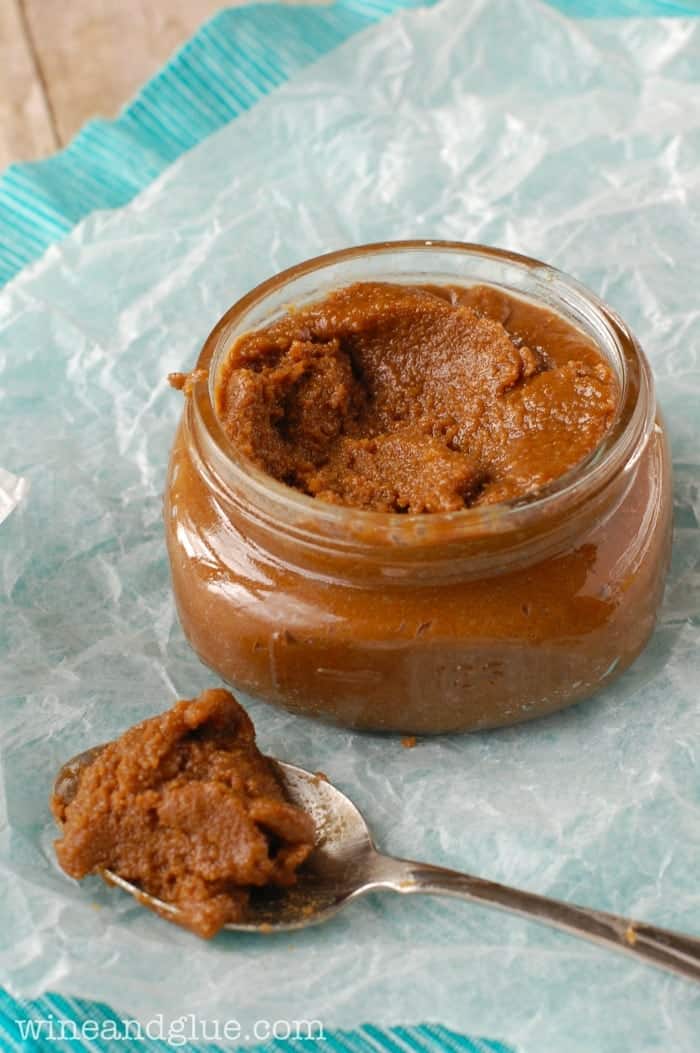 close up of a small mason jar of homemade cookie butter
