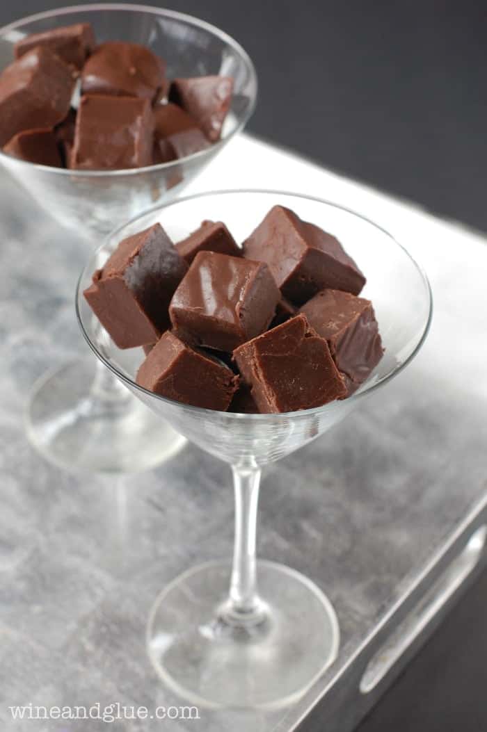 above view of a martini glass filled with amaretto fudge, another in the background