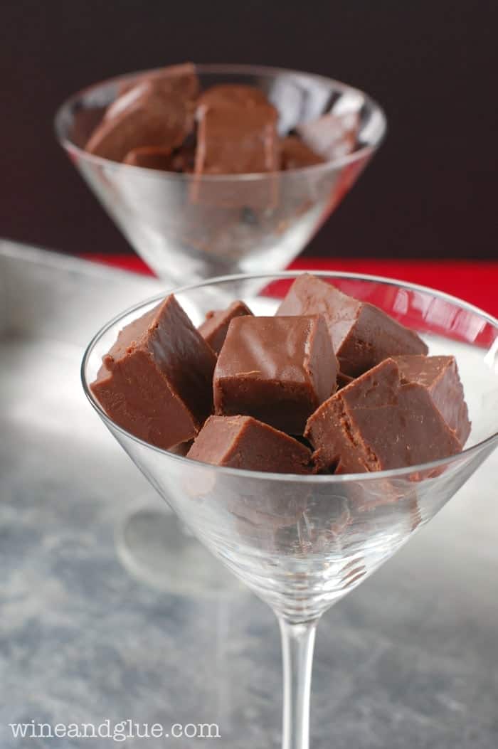 close up of chocolate amaretto fudge in a martini glass