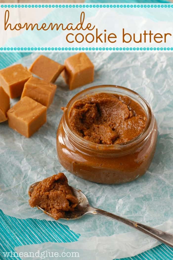 a jar of homemade cookie butter with fudge in the background, says: "homemade cookie butter"