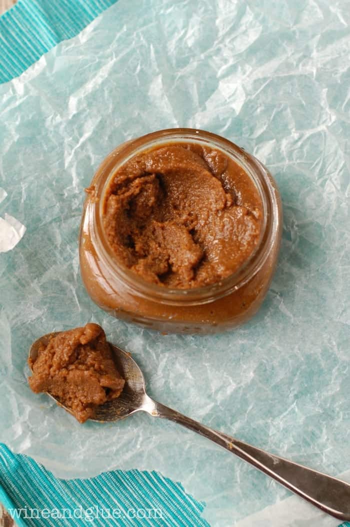 overhead of a jar of cookie butter