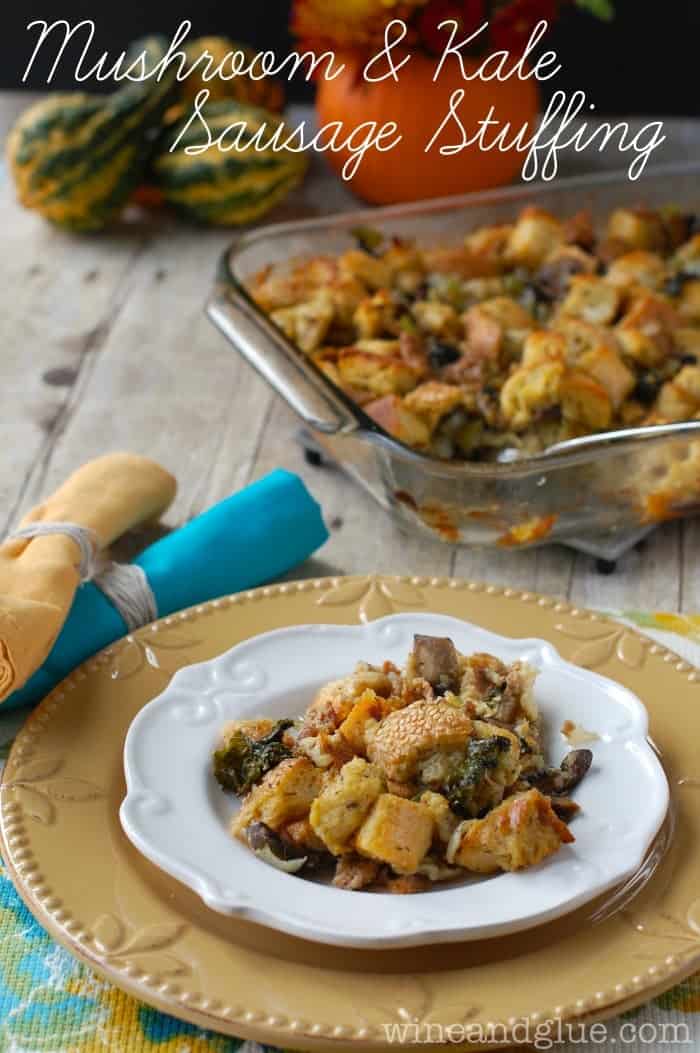 Mushroom and Kale Sausage Stuffing in an easy Thanksgiving dish, full of savory sausage, hearty mushrooms and vibrant kale. You'll love this flavorful twist on a classic stuffing recipe.