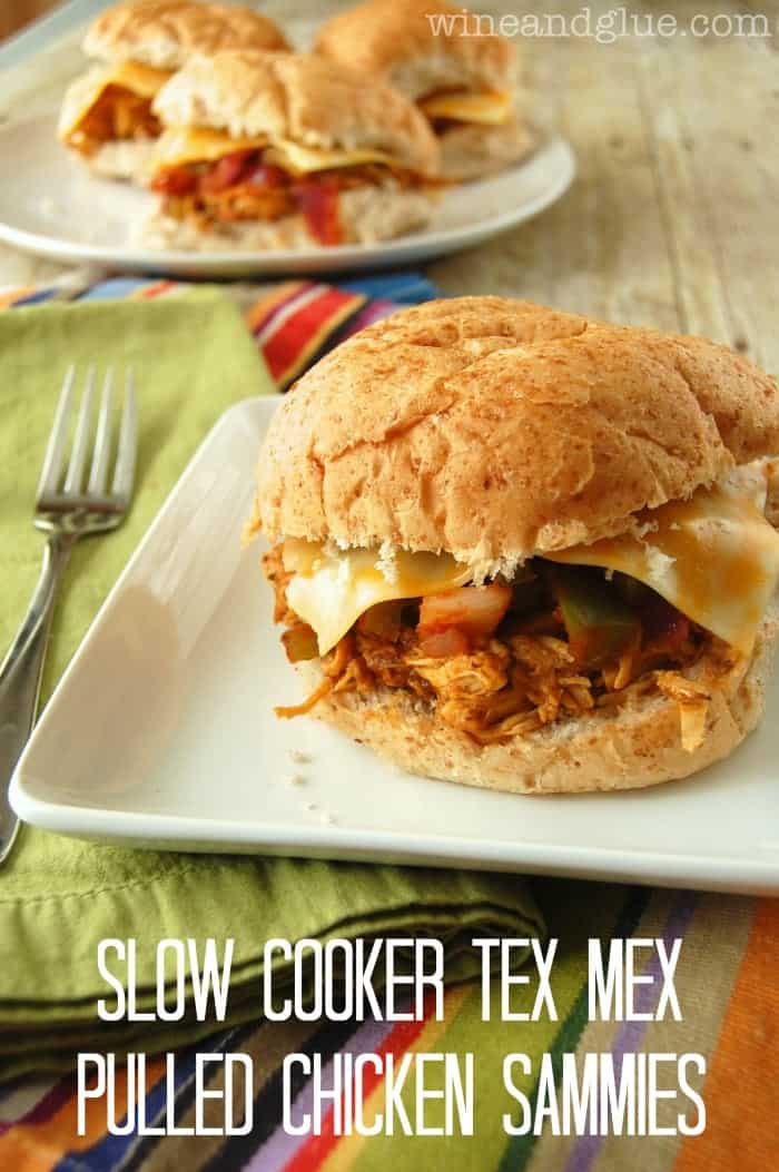 Slow Cooker Tex Mex Pulled Chicken Sammies! An easy meal delicious it will become a regular in your dinner rotation #kraftrecipemakers #shop via www.wineandglue.com