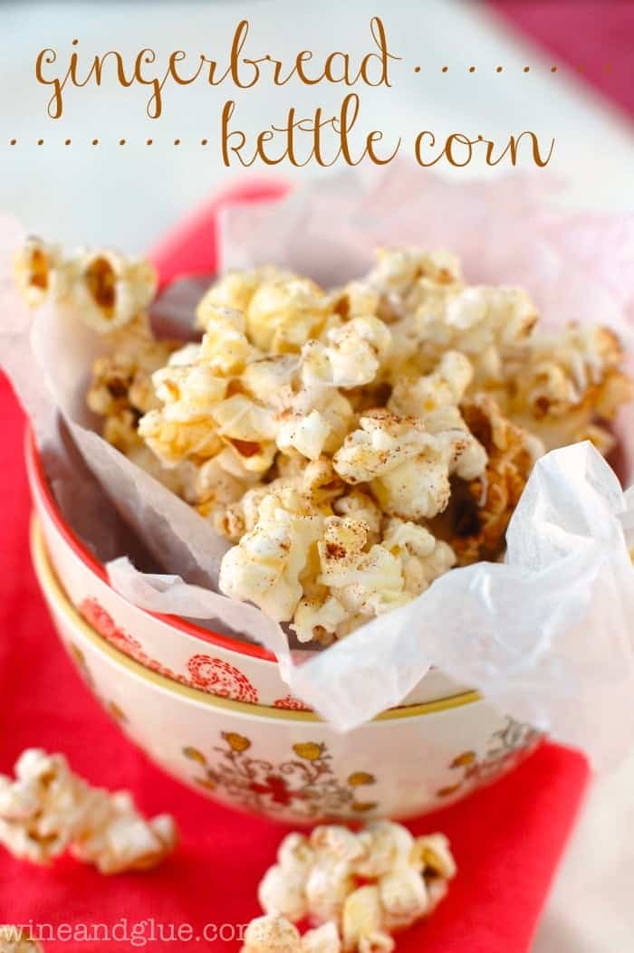 A bowl of seasoned gingerbread kettle corn drizzled with white chocolate