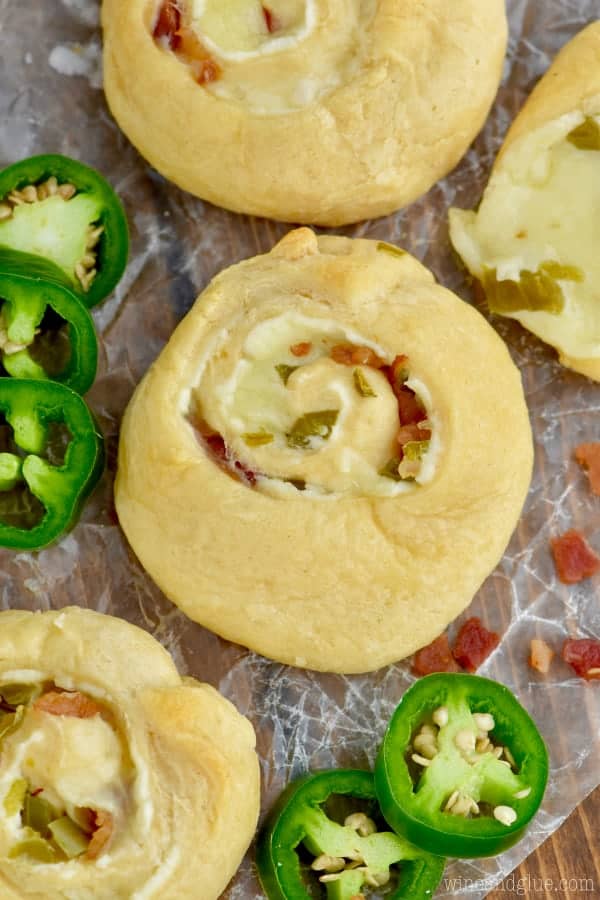 overhead picture of one jalapeño popper pinwheel made with crescent roll dough