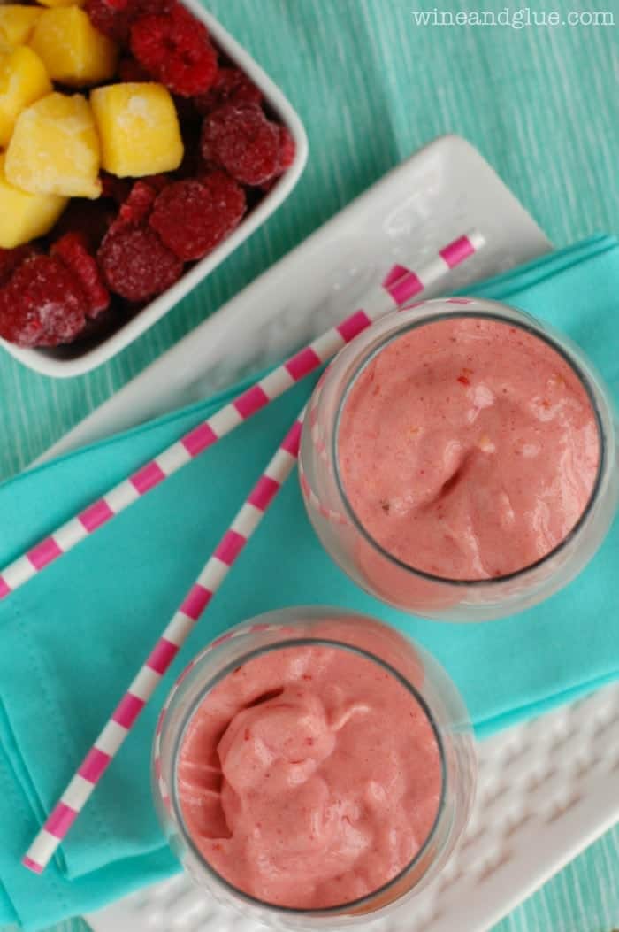 Raspberry Mango Smoothie | www.wineandglue.com | A simple delicious smoothie that is a healthy way to have dessert!