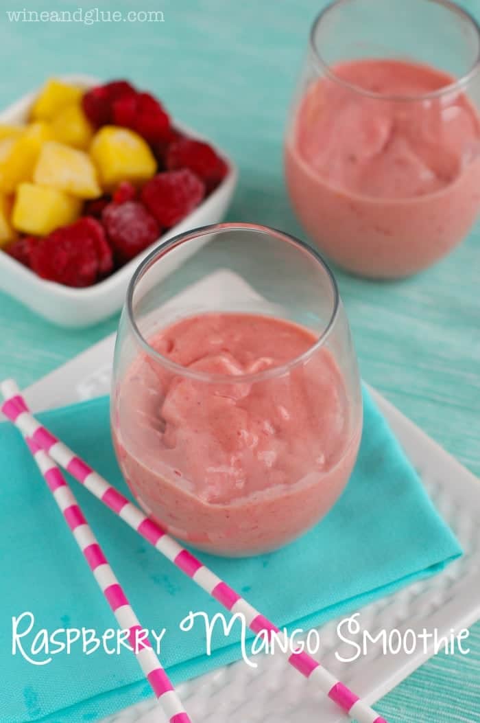 Raspberry Mango Smoothie | www.wineandglue.com | A simple delicious smoothie that is a healthy way to have dessert!