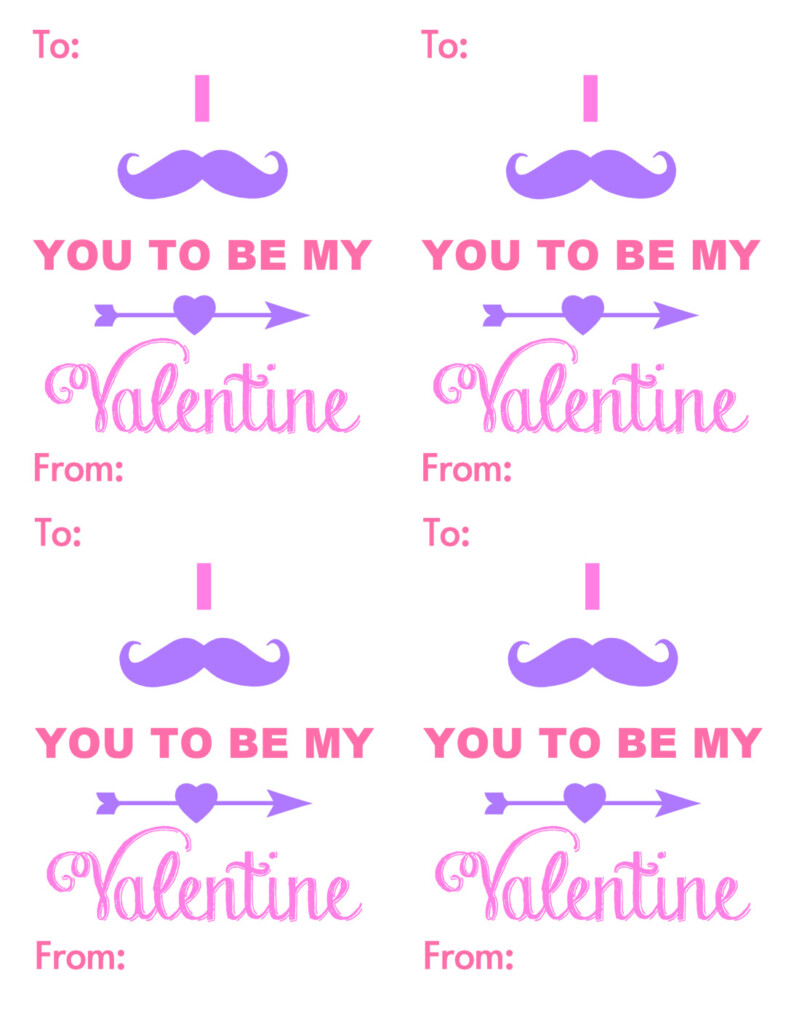printable of four mustache valentines that say "I [picture of mustache] you to be my valentine from to"