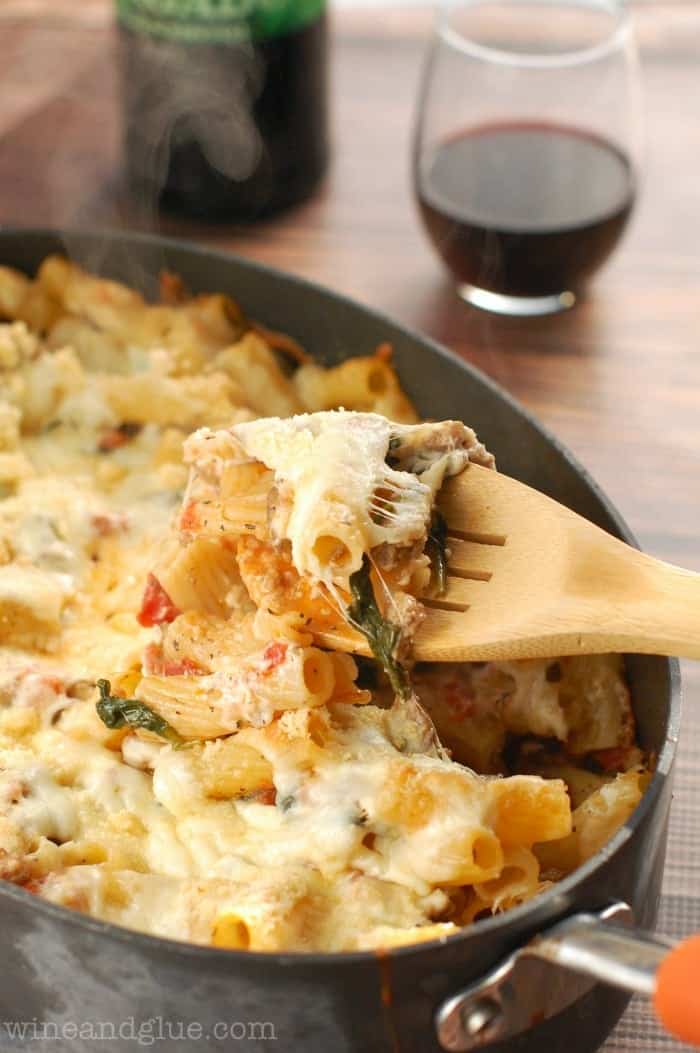 Baked Pasta with Sausage, Mushroom, and Spinach | www.winandglue.com | Comfort food at it's best! So flavorful and delicious!