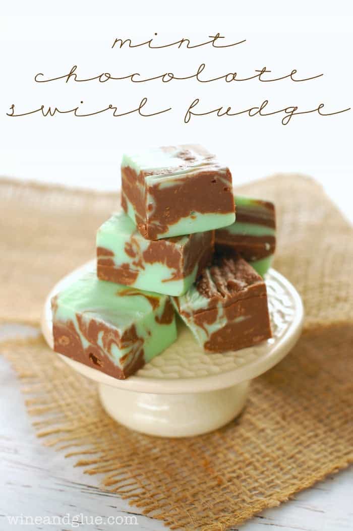 a small cake stand with a pile of mint chocolate fudge