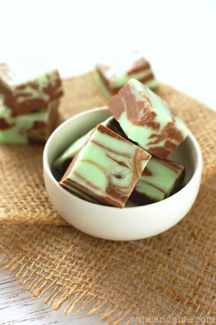 a small white bowl full of mint chocolate fudge
