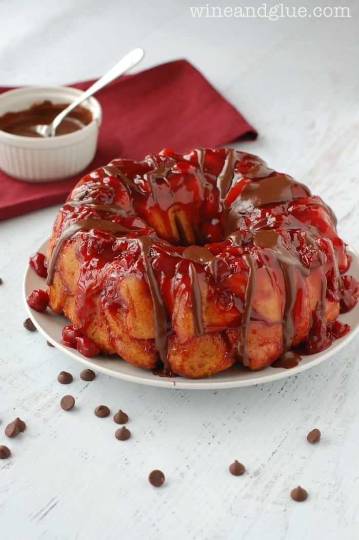 Chocolate Covered Cherry Monkey Bread | www.wineandglue.com | Monkey bread smothered with delicious cherry flavor and covered in chocolate sauce!