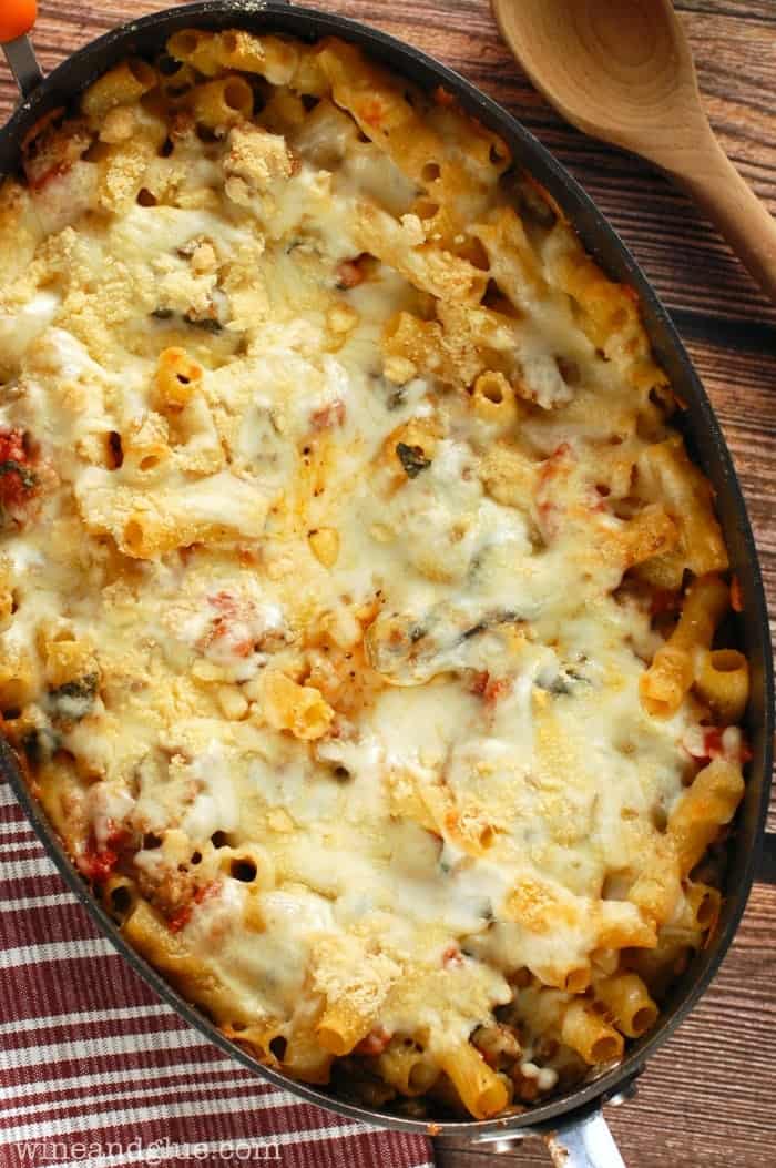 Baked Pasta With Sausage Mushroom And Spinach Simple Joy