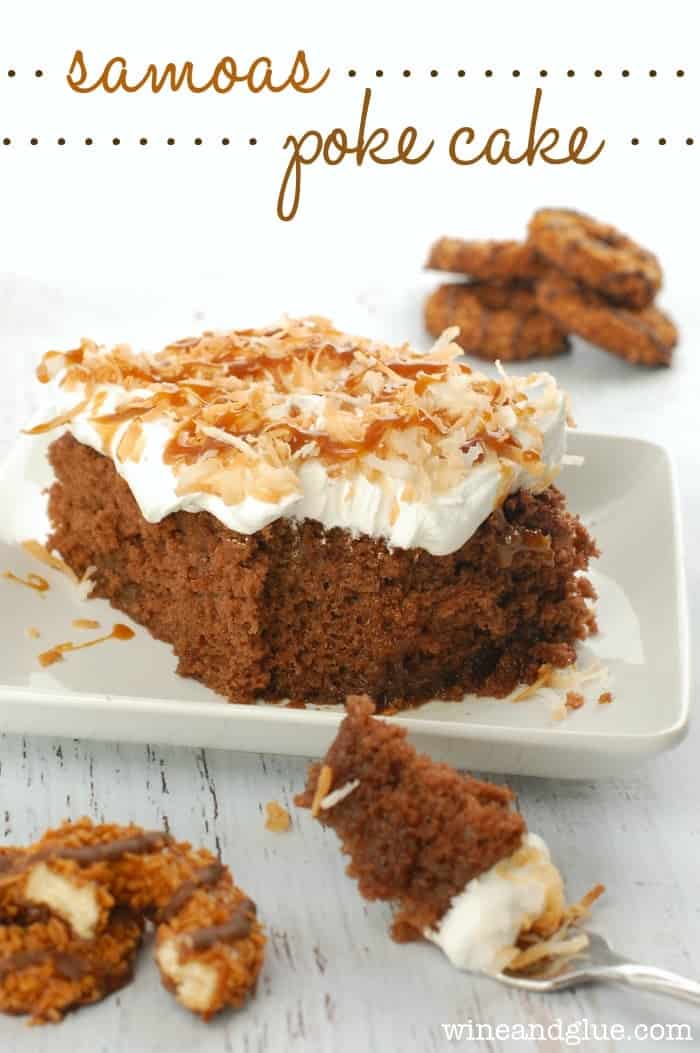 This poke cake inspired by Samoas Girl Scout Cookies is my new favorite! Totally irresistible!