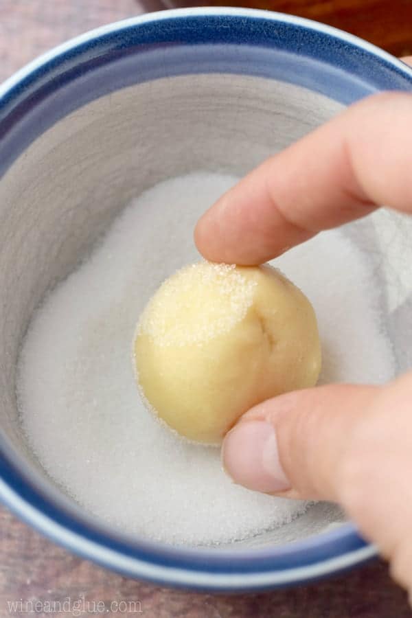a thumb and index finger rolling a ball of white cookie dough in a small bowl of sugar