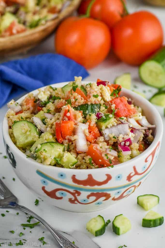 greek quinoa bowl in a decorative bowl