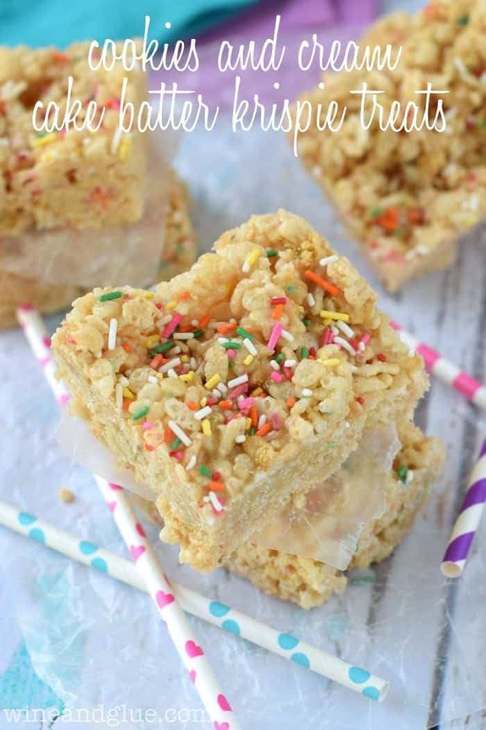 overhead view of a stack of cookies and cream Rice Krispie Treats with sprinkles on top, says: cookies and cream cake batter Krispie treats