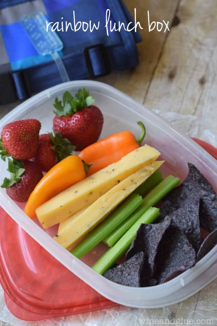 Rainbow Lunch Box | A really easy school lunch that brings fruits, veggies, cheese, and chips together!