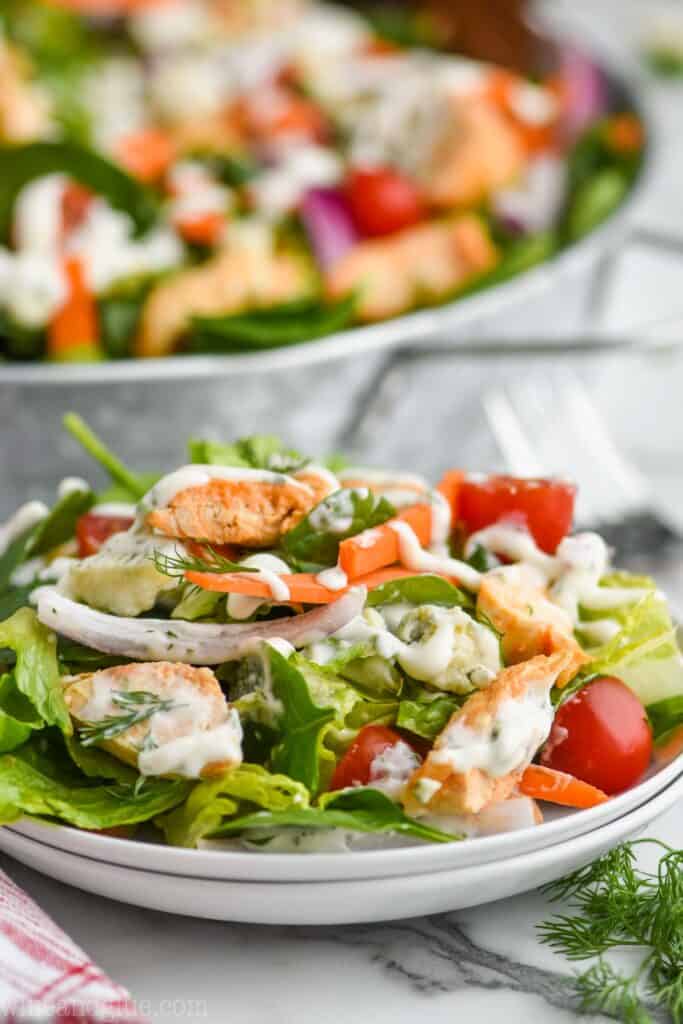 buffalo chicken salad recipe on two white plates that are stacked, dressed with homemade ranch dressing, the rest of the recipe in the background