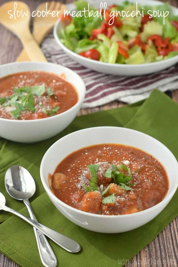 This Slow Cooker Meatball Gnocchi Soup is easy to throw together and so delicious and warm!