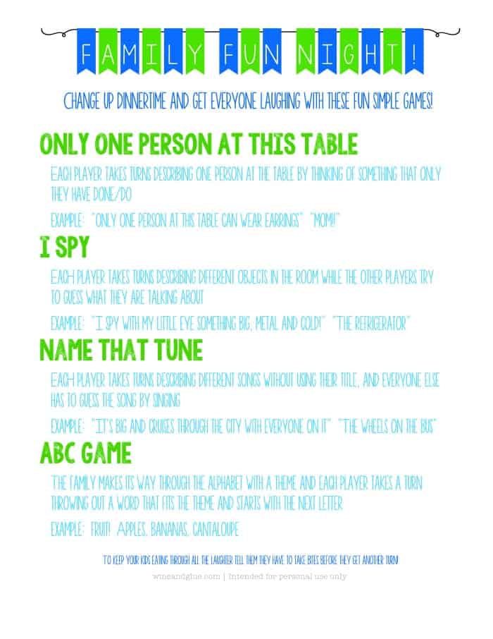 Family Fun Night Printable | www.wineandglue.com | A {FREE} printable with fun easy games perfect for dinnertime!