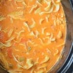 overhead of a slow cooker of buffalo chicken soup