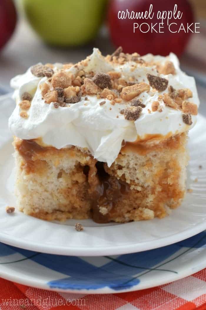 close up of a piece of caramel apple poke cake on a plate, says caramel apple poke cake