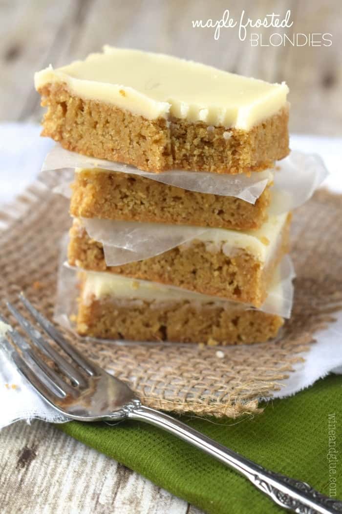 These Maple Frosted Blondies are ridiculous!  They are soft, sweet, and delicious and made that much more so when topped with a delicious maple frosting and white chocolate ganache!