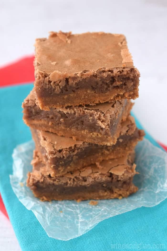 A stack of 5 Peanut Butter Brookies (half brownie, half cookie