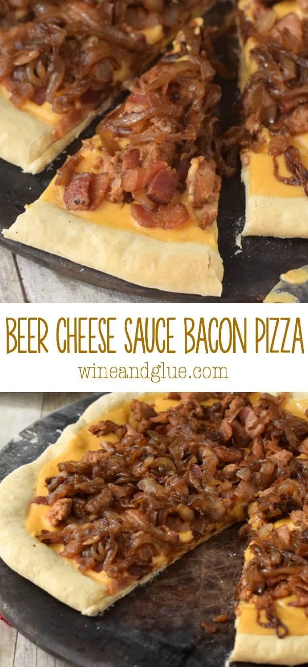 Beer Cheese Sauce pilled high with spicy sausage, bacon, and caramelized onions!