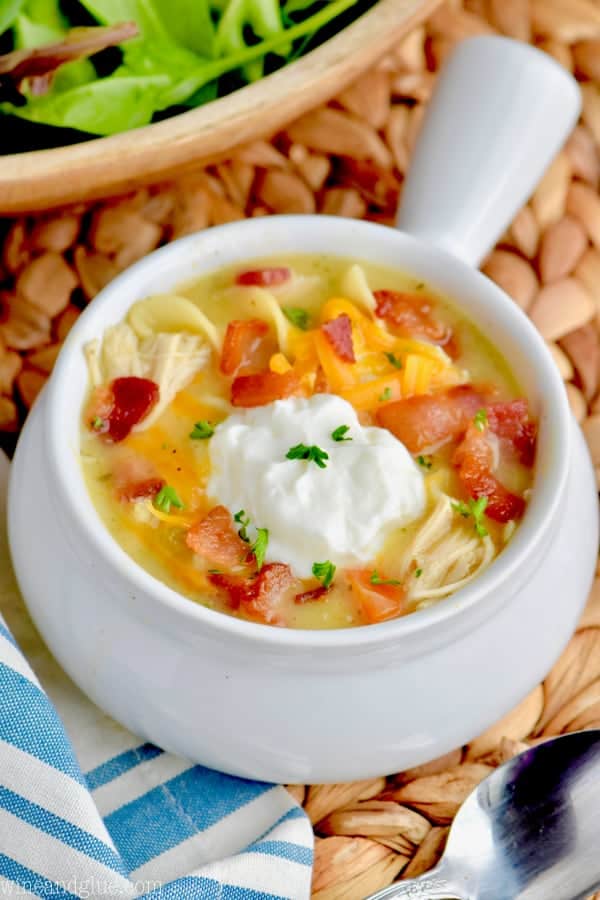 a small white soup bowl with chicken bacon ranch soup