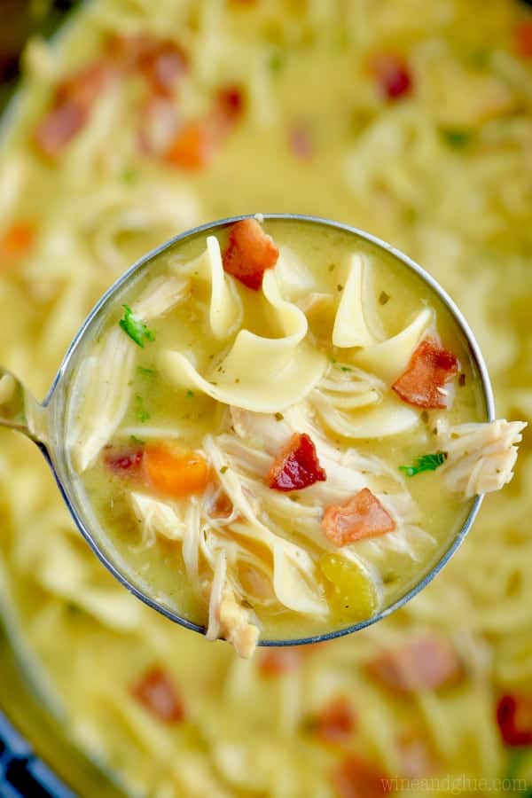 overhead view of a ladle full of chicken noodle soup being held over a slow cooker