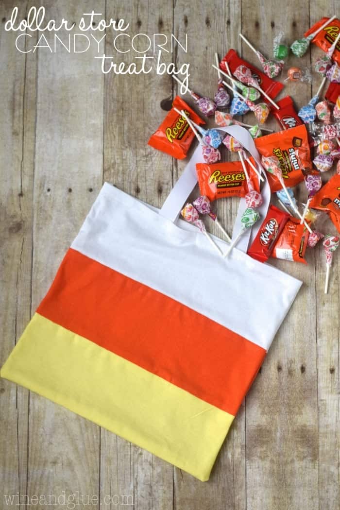 An awesome Dollar Store Candy Corn Treat Bag that is such an easy diy for Halloween that it can be done in under 30 minutes!