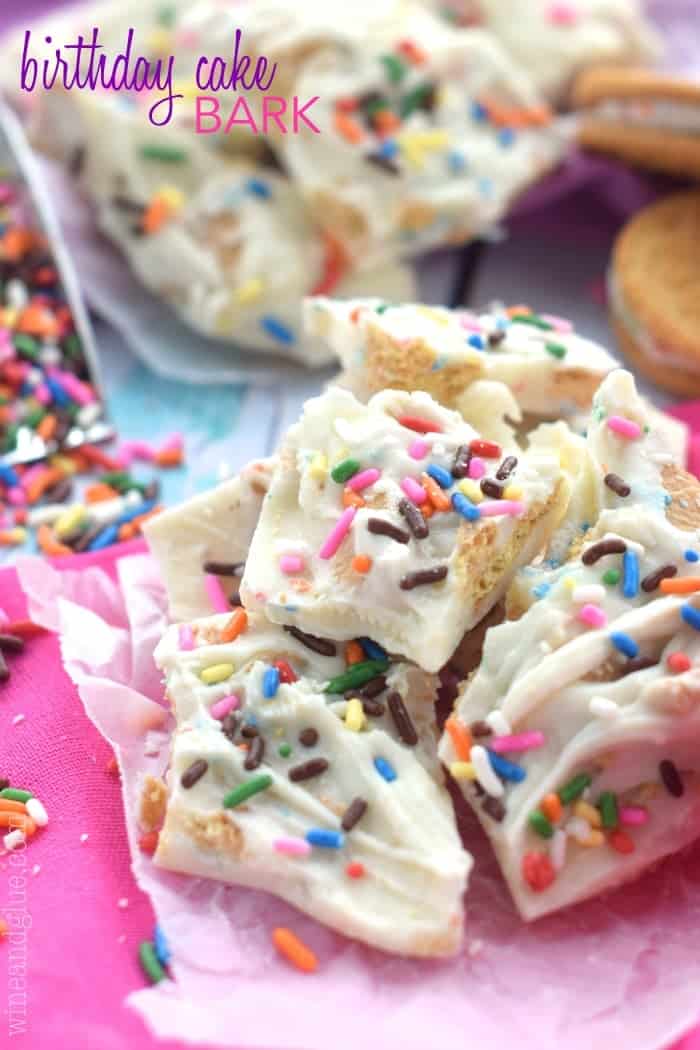 small pile of birthday cake bark made from white chocolate and topped with sprinkles