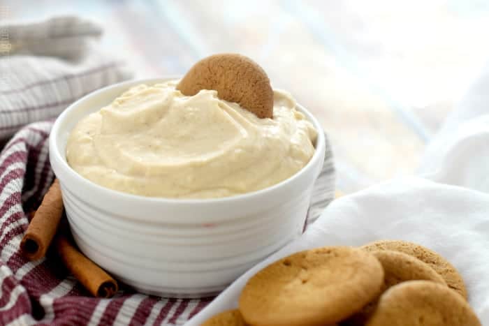 small white bowl with eggnog dip