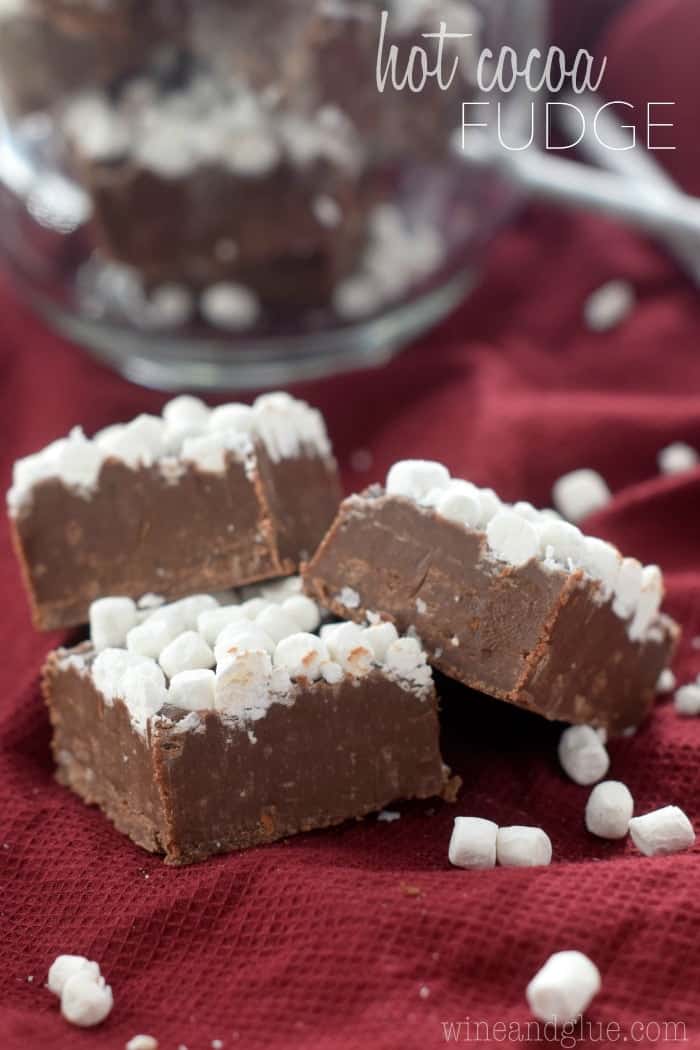 three small pieces of fudge topped with mini marshmallows, photo says: hot cocoa fudge