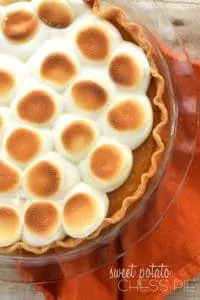 overhead of a pie with marshmallows that have been toasted on top, says: sweet potato chess pie
