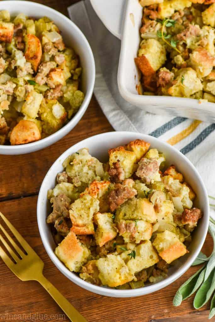 overhead view of homemade stuffing recipe in bowls