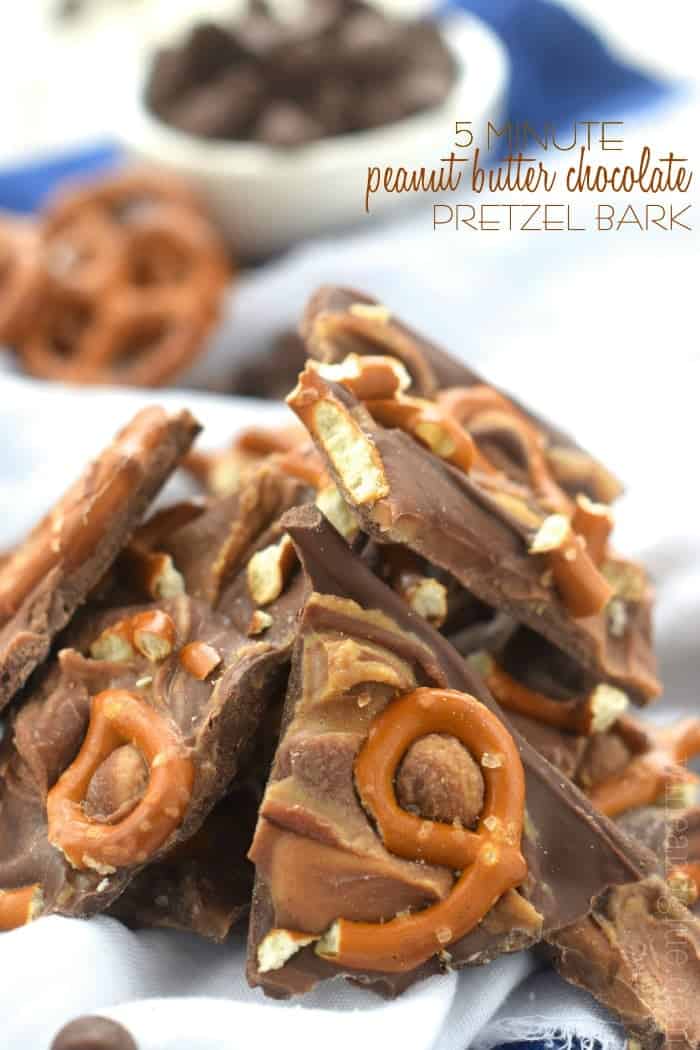 Broken up pieces of the Peanut Butter Chocolate Pretzel Bark in a pile