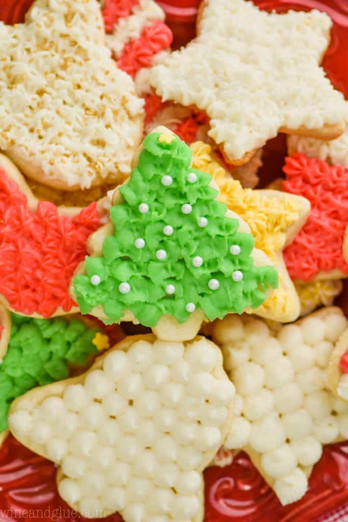 close up of the best sugar cookie recipe frosted and on a plate