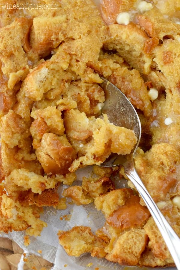 overhead of a baking dish with cookie butter bread pudding