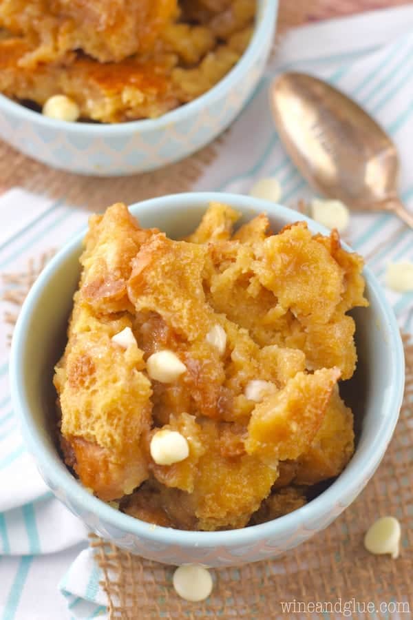 Cookie Butter Bread Pudding, bread soaked in an eggy cookie butter mixture and then baked with white chocolate chips, making for an indulgent and amazing dessert.
